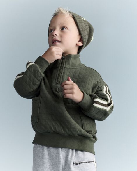 Toddler Boy Quarter-Zip Sweatshirt with Pockets - Olive
