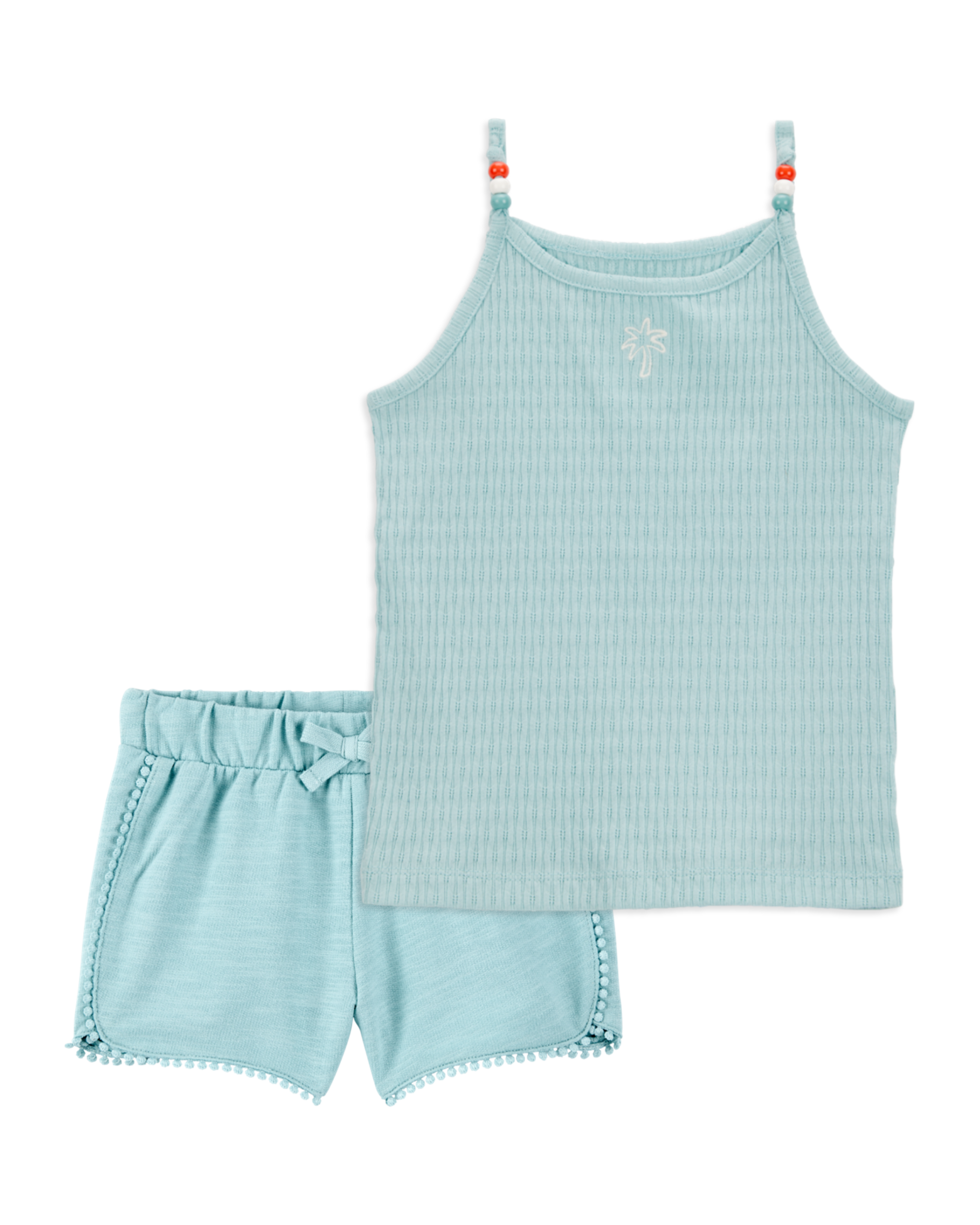 Baby 2-Piece Floral Ribbed Tank Top & Pom Pom Dolphin Shorts Set - Turquoise