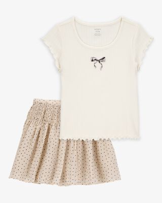 Product image 1 of Kid 2-Piece Butterfly Pointelle Tee & Polka Dot Chiffon Skirt Set - Tan/White