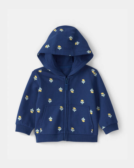 baby girl floral french terry zip-up hoodie - navy blue