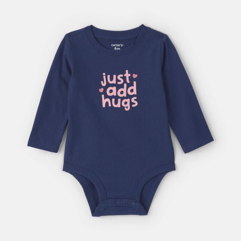 Baby Girl 'Just Add Hugs' Long-Sleeve Graphic Bodysuit - Navy Blue