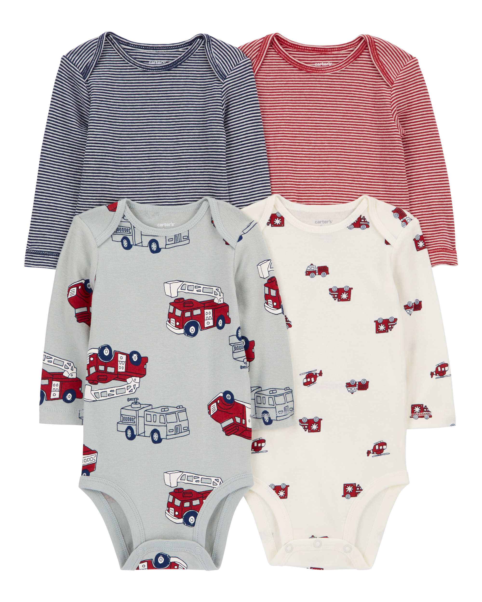 Baby 4-Pack Long-Sleeve Firetruck Bodysuits