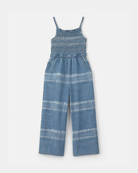 Girls Tie-Dye Smocked Denim Wide-Leg Jumpsuit - Medium Wash