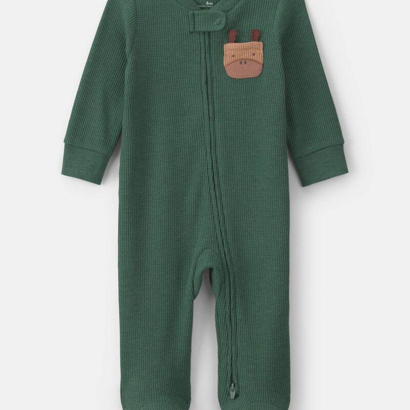 Baby Boy Moose Cotton 2-Way Zip Thermal Sleep & Play Pajamas - Green