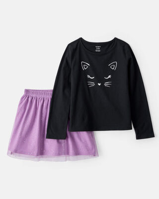 Product image 1 of Kid 2-Piece Glitter Cat Tee & Tulle Tutu Skort Set - Black/Purple