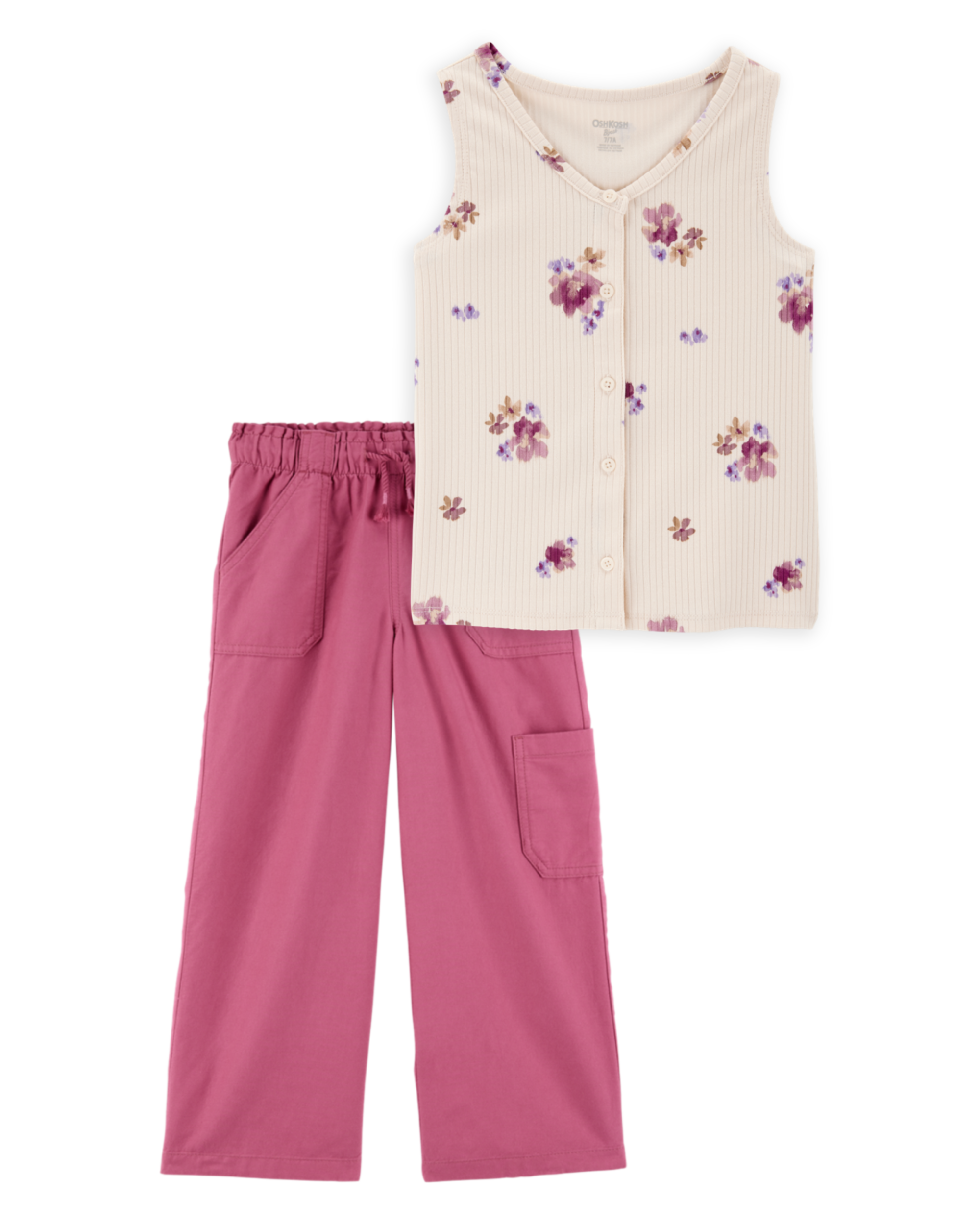 Kid 2-Piece Floral Button-Down Ribbed Tank Top & Drawstring Pants Set - Pink/Ivory