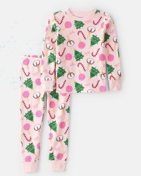 baby girl pink ornaments 100% cotton long-sleeve snug fit 2-piece pajamas - pink