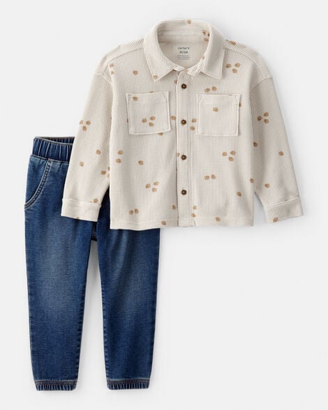 toddler 2-piece acorn button-down shirt & pull-on denim pant set