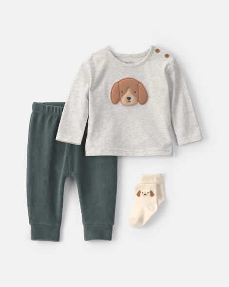 baby boy 3-piece dog long-sleeve top & pant set - green/grey