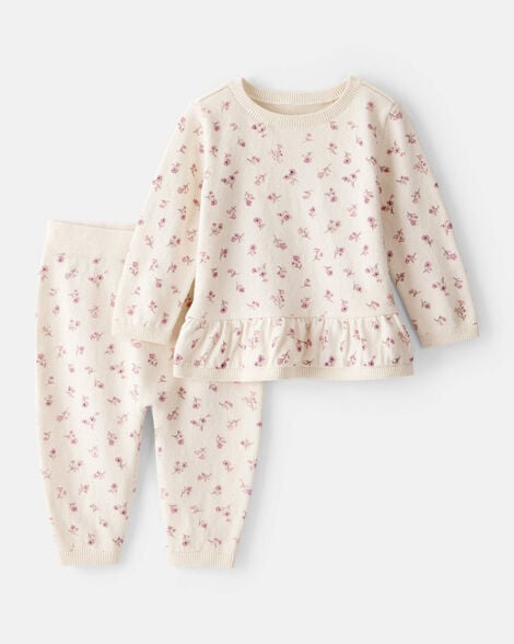 baby girl floral cotton long-sleeve tee & pant set - white