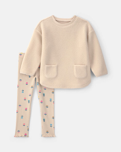 toddler girl 2-piece floral fleece long-sleeve top & pant set - cream