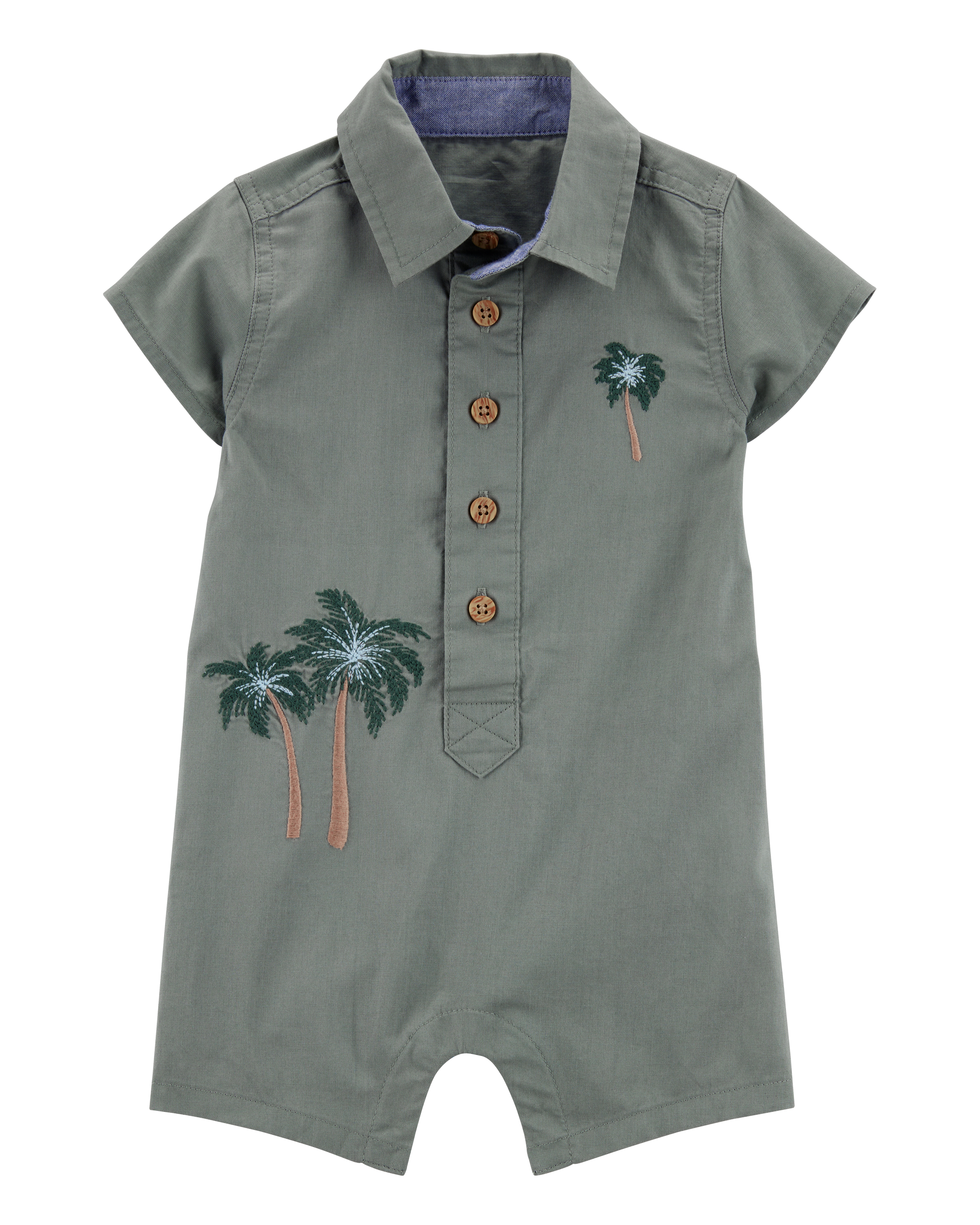 Baby  Palm Tree Print Button-Front Romper-Green