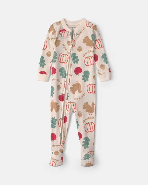 baby 1-piece thanksgiving 2-way zip 100% cotton snug fit footed pajama - cream