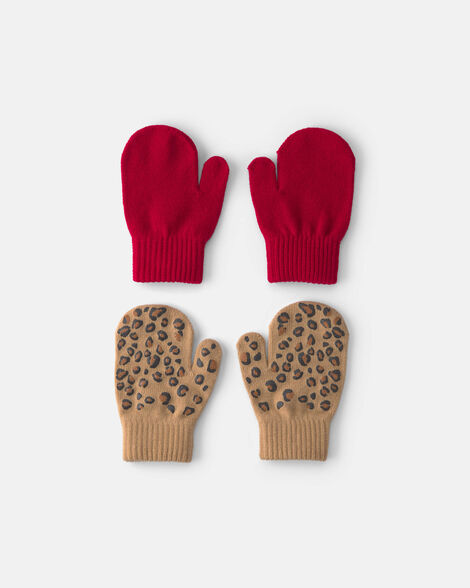 toddler girl 2-pack leopard mittens - red/brown