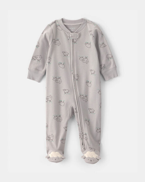 baby sheep 100% cotton 2-way zip sleep & play pajamas - grey