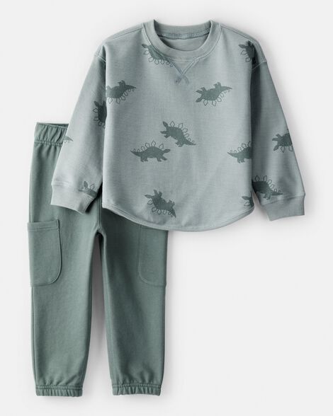 toddler boy dinosaur french terry long-sleeve tee & pant set- green/grey