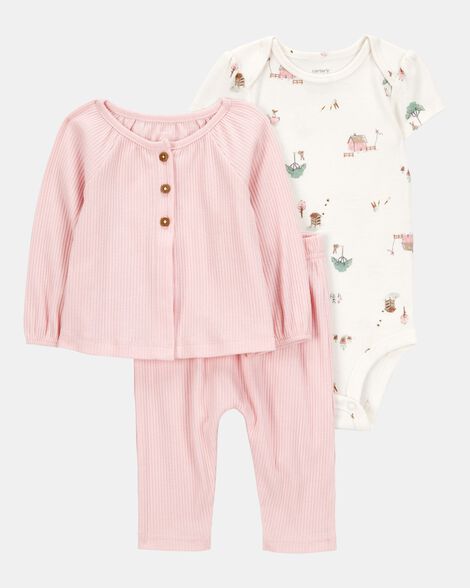 baby 3-piece barn print little cardigan set - pink/white