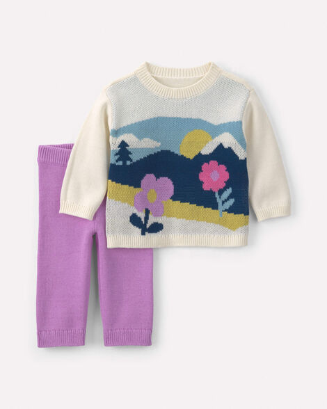 baby girl 2-piece scenic long-sleeve sweater & pant set - purple/blue/cream