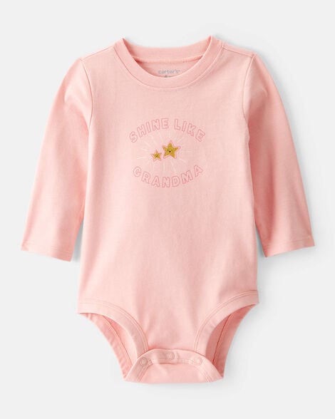 baby girl shine like grandma cotton long-sleeve graphic bodysuit - pink