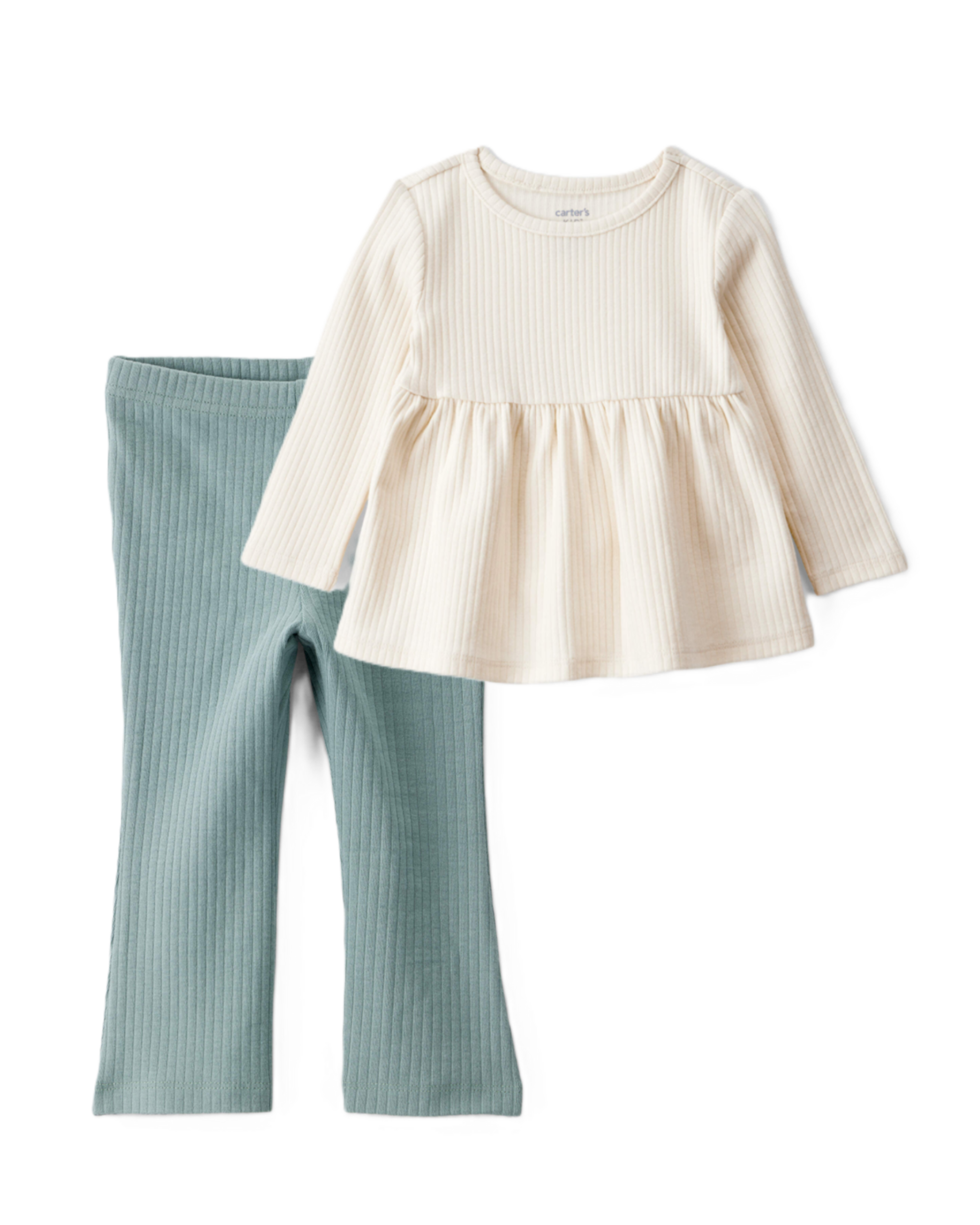 Baby Girl 2-Piece Long-Sleeve Peplum Top & Flare Leggings Set - Ivory/Green