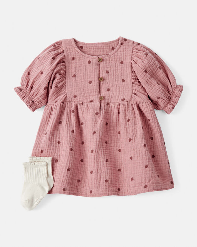 Product image 1 of Baby Girl 2-Piece Acorn Print Short-Sleeve Dress Set - Pink