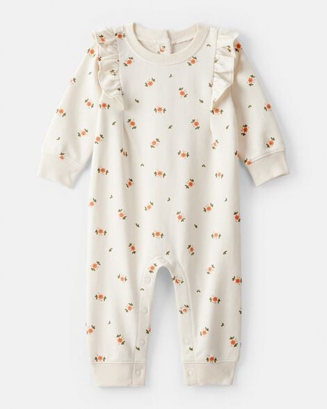 baby girl floral ruffle cotton long-sleeve jumpsuit - cream