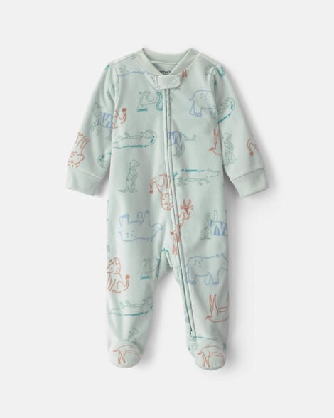 baby boy safari fleece 2-way zip sleep & play pajamas - green