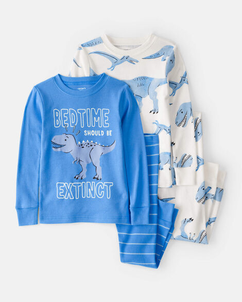 toddler boy dinosaur print 100% cotton long-sleeve snug fit 4-piece pajamas - white/blue