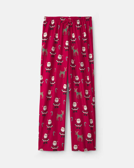 adult beige santa christmas fleece loose fit pajama bottoms - red
