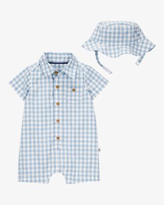 Product image 1 of Baby 2-Piece Gingham Romper & Hat Set -Blue