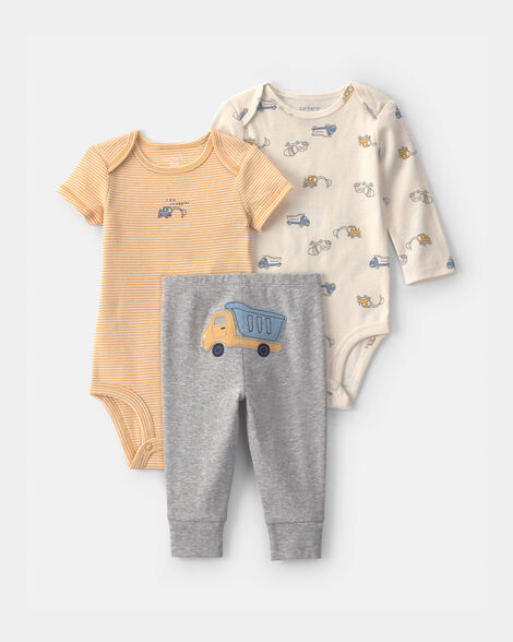 baby boy 3-piece construction bodysuit & pant set - yellow/grey/ivory
