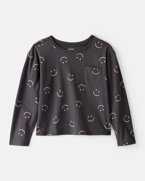 girls smiley face print long-sleeve top - black