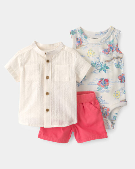 baby boy 3-piece tropical beach short-sleeve bodysuit, top & short set