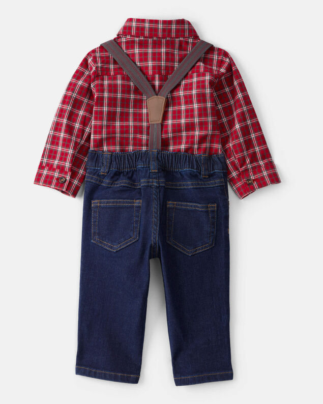 Product image 2 of Baby Boy 3-Piece Plaid Print Long-Sleeve Shirt & Suspender Pant Set - Red/Denim