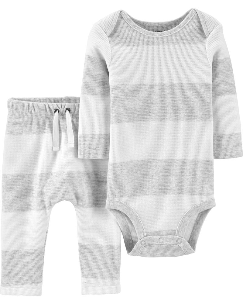 Baby Grey 2-Piece Striped Thermal Bodysuit Pant Set | carters.com