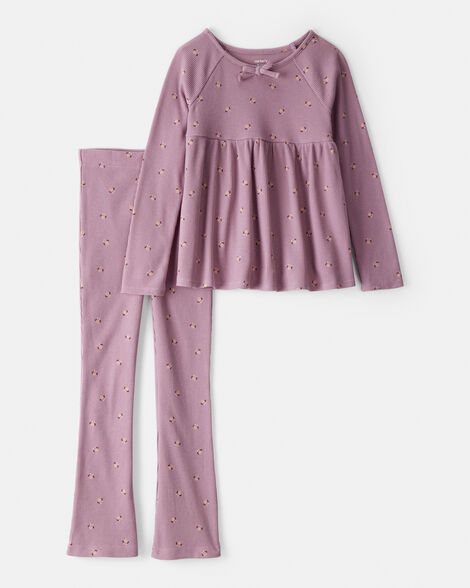 girls thermal fashion top & flared pant set - purple