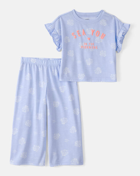 toddler girl sea shell loose fit 2-piece pajama set - blue