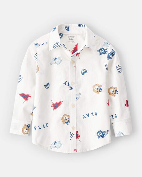 Product image 1 of Toddler Boy Varsity Bear Print Long-Sleeve Button-Down Shirt - White