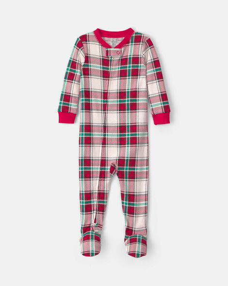 baby 1-piece christmas plaid 2-way zip 100% cotton snug fit footed pajama - red/green