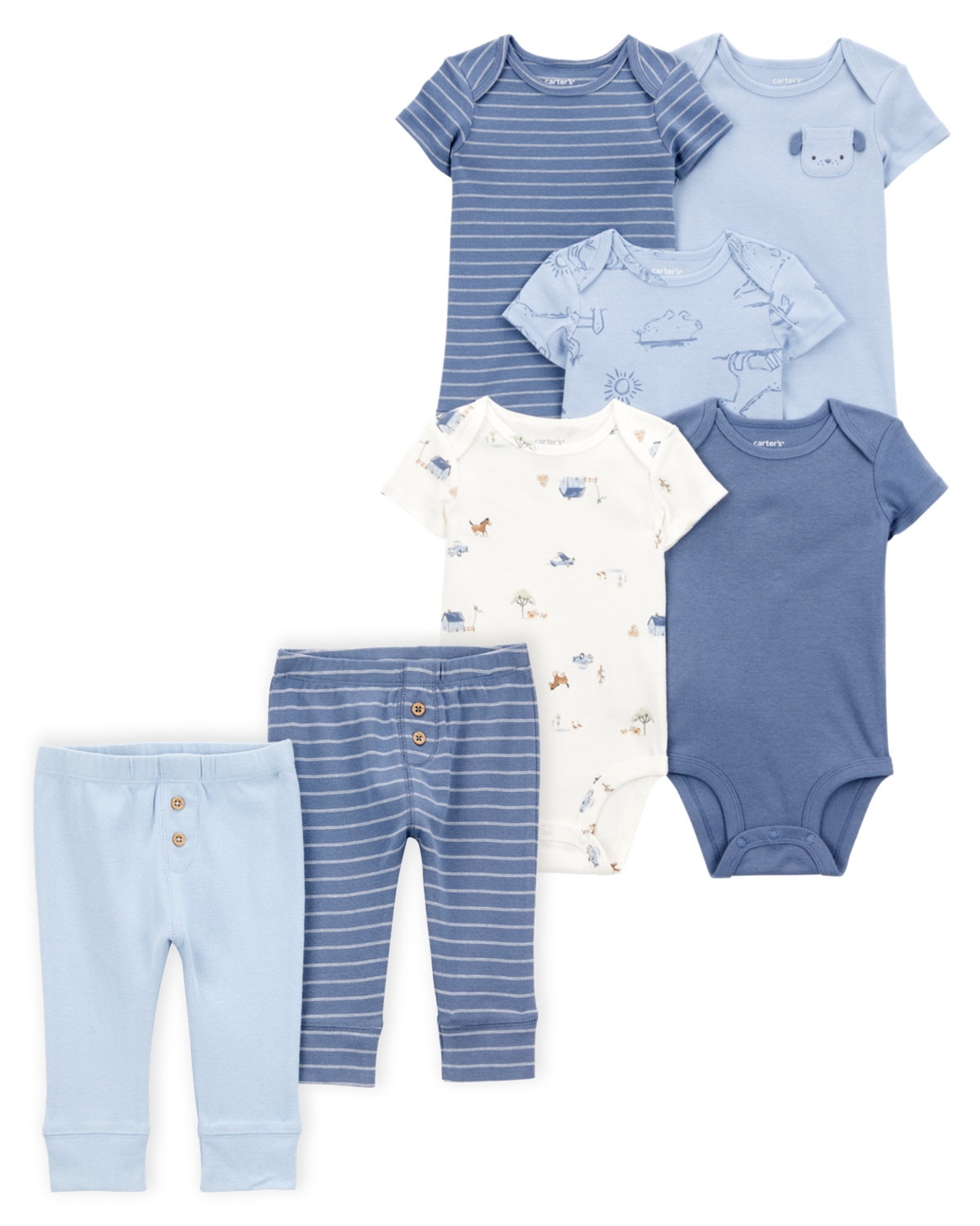 Baby 7-Piece Short-Sleeve Bodysuits & Pull-On Pants Set - Blue | Carter's