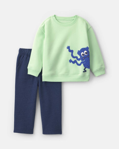 toddler boy 2-piece monster fleece pullover & pant set - green/blue