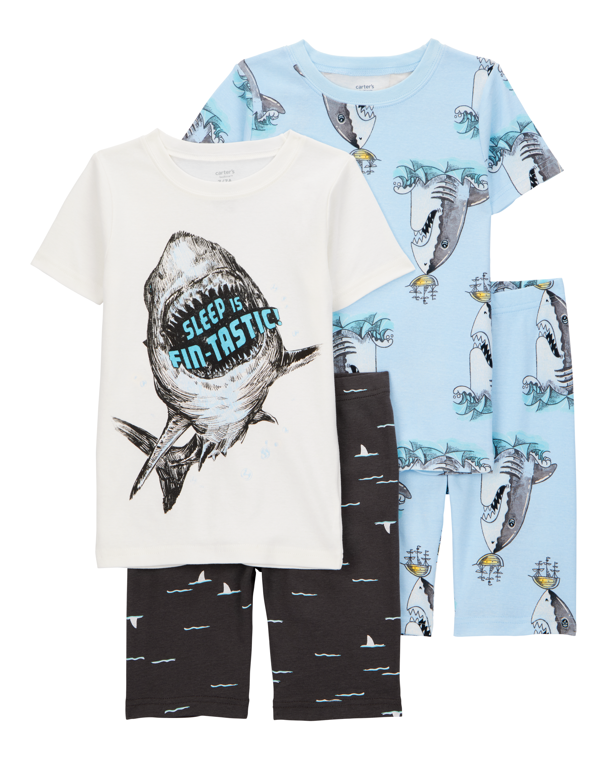 Kid Shark Print Snug Fit 4-Piece Pajamas