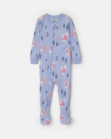 baby girl winter wildlife thermal waffle knit 1-piece pajama - purple