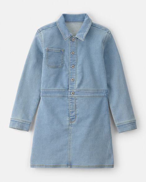 Girls Button-Front Long-Sleeve Denim Dress - Blue