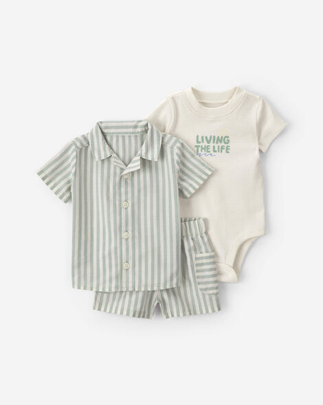 baby boy 3-piece 'living the life' striped bodysuit & short set - green/cream
