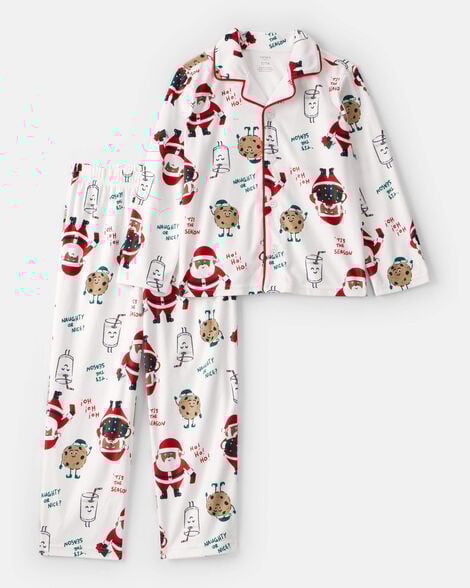 Kid Brown Santa Milk & Cookies Long-Sleeve Loose Fit 2-Piece Pajamas - White