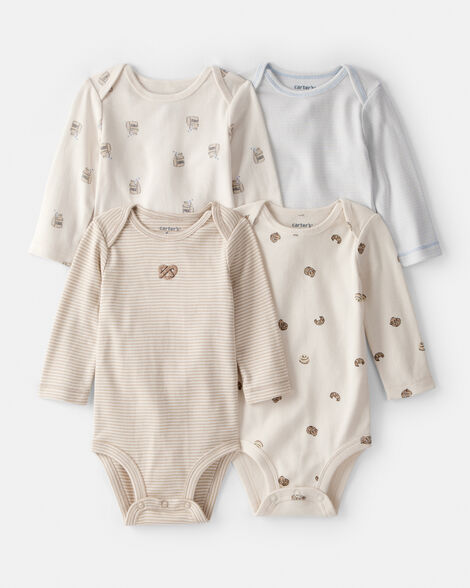 baby 4-pack snack time long-sleeve multipack bodysuits - blue/white/brown