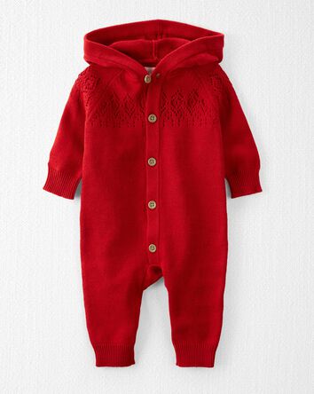Baby Organic Cotton Sweater Knit Pointelle Jumpsuit in Red