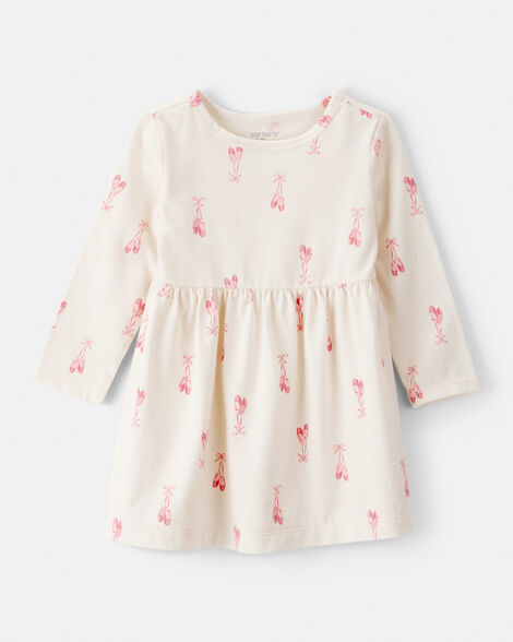 baby girl ballet slipper print long-sleeve dress - ivory