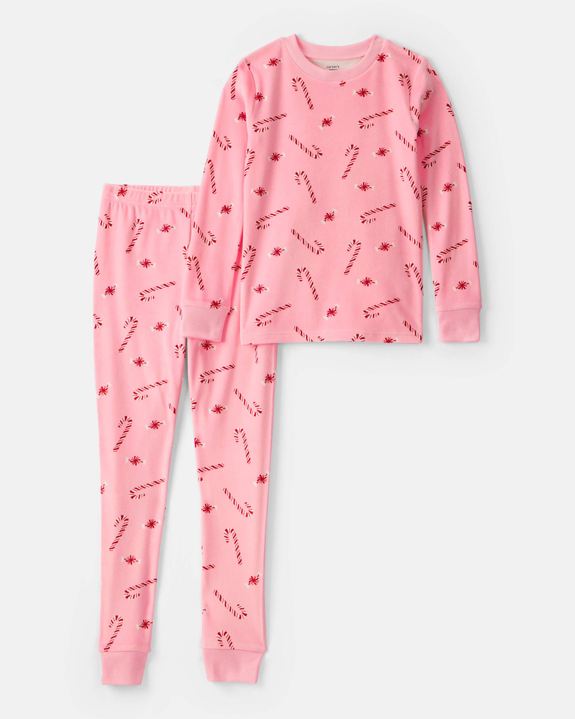 Girls Pink Peppermints Velour Long-Sleeve Snug Fit 2-Piece Pajamas